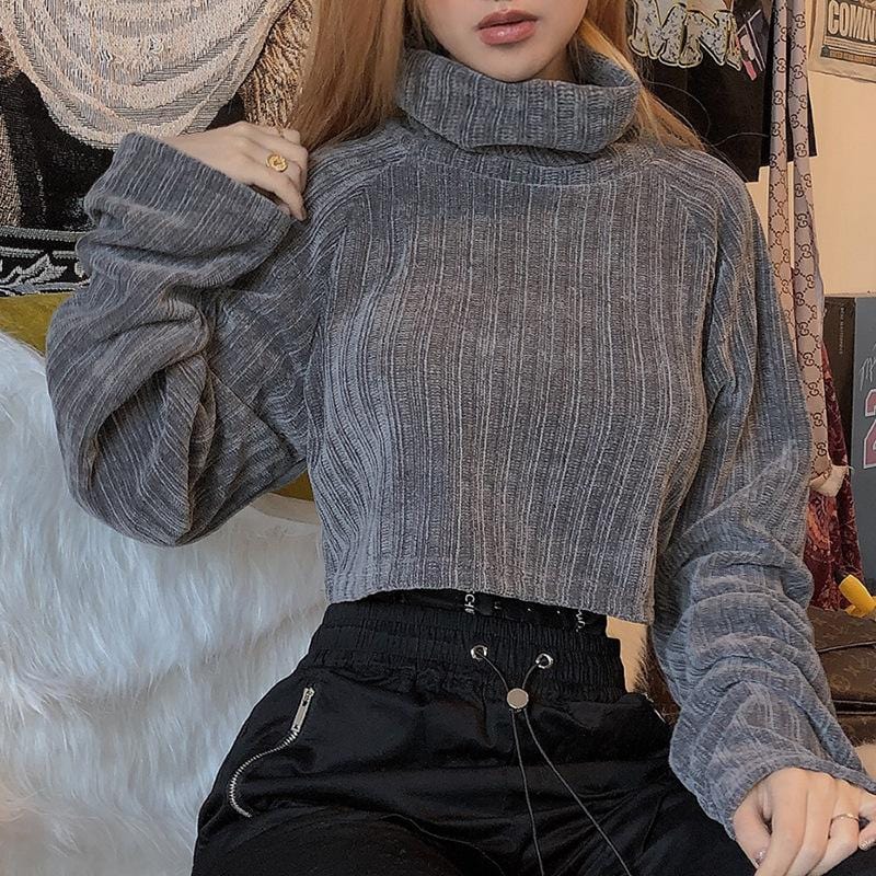 NORMCORE STUDIOS | GRAY AESTHETIC HIGH COLLAR KNIT CROPPED SWEATER