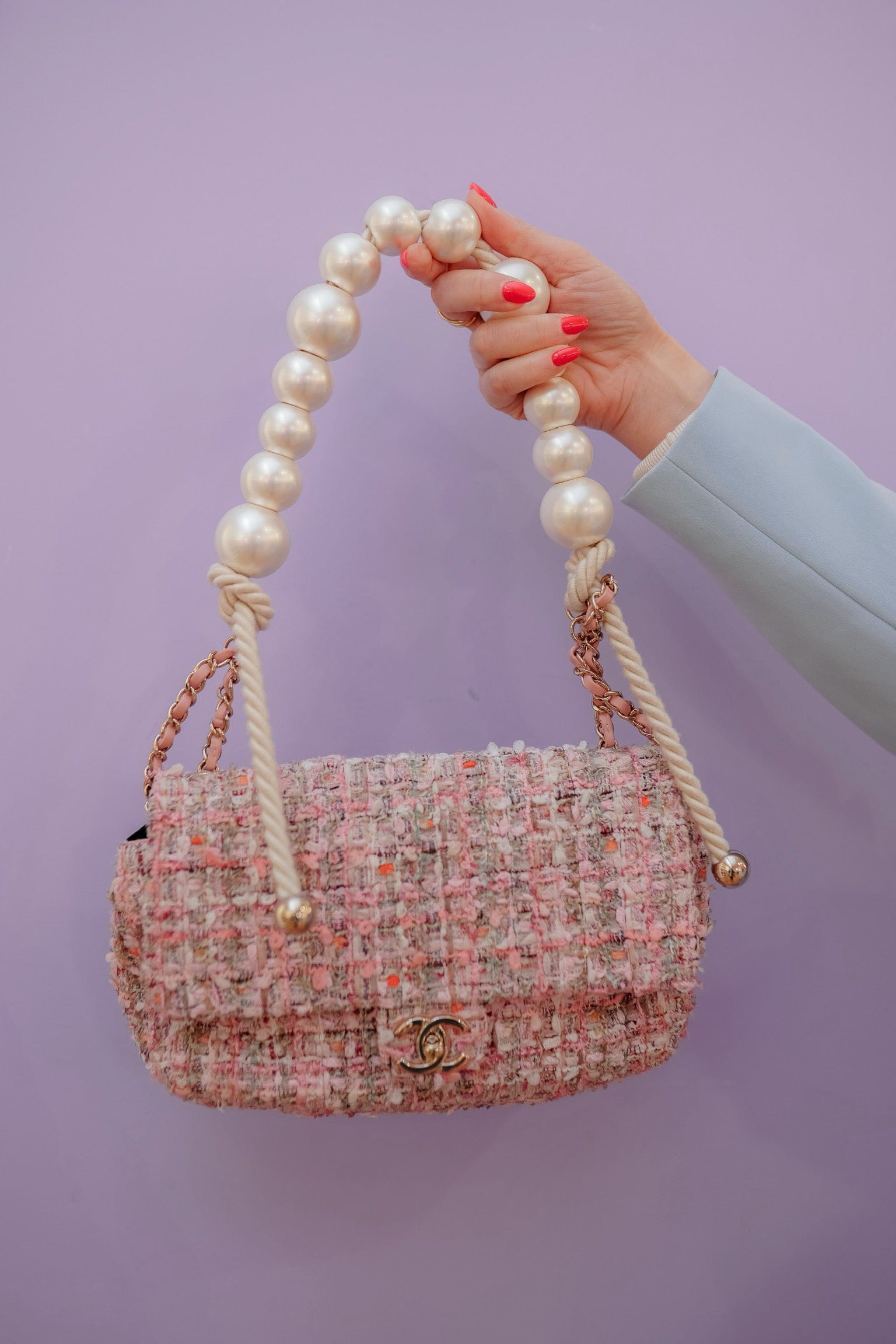 chanel tweed pearl bag