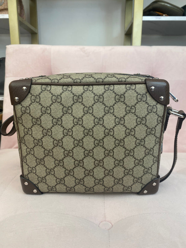 LuxuryPromise Gucci Brown Leather & GG Supreme Canvas Square Shoulder Bag