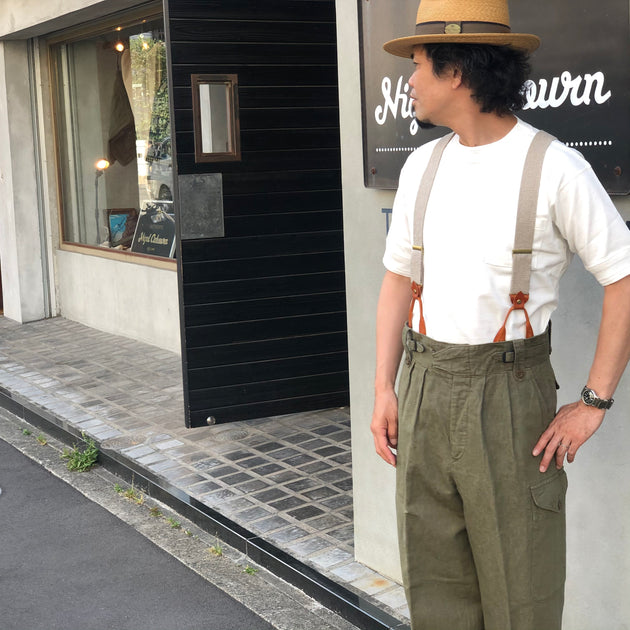 くすみ水色 美品 良デザイン Nigel Cabourn サスペンダーデザイン