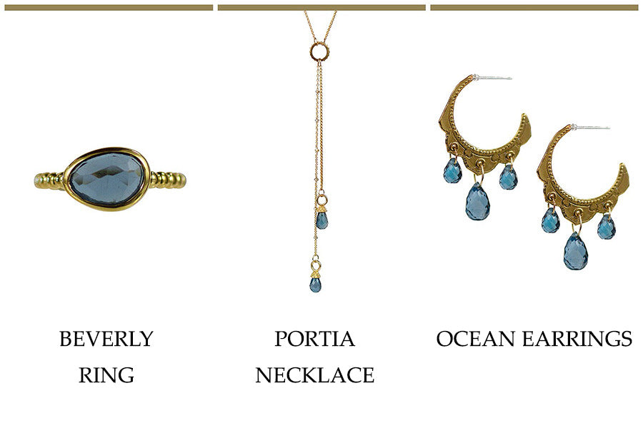 Lulu Designs Jewerly's Beverly Ring Portia Necklace and Ocean Earrings in London Blue Topaz