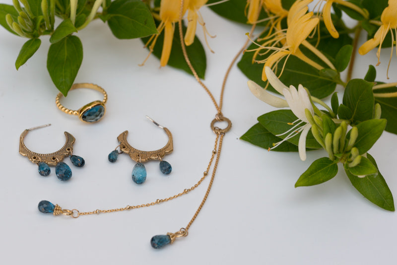 Lulu Designs Jewelry's Beverly Ring, Portia Necklace and Ocean Earrings in London Blue Topaz