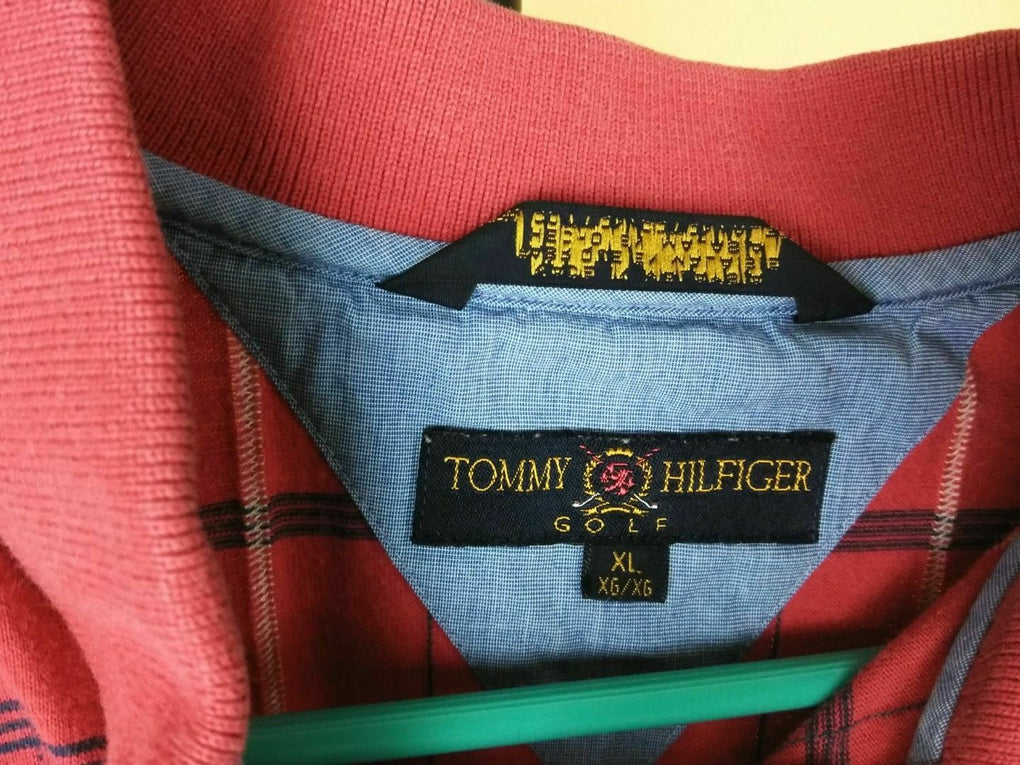 Tommy Hilfiger Golf Port Charlotte Mens XL Red White Navy Plaid Polo Shirt VTG - Fazoom