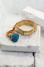 Load image into Gallery viewer, Where The Wilde Things Are handmade gold link bracelet - brightly coloured cotton and tassel clasp as features