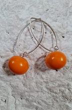 Load image into Gallery viewer, pearl ball drop earrings| faux pearl earrings| orange earrings| sterling silver pearl earrings| shell based earrings| 
