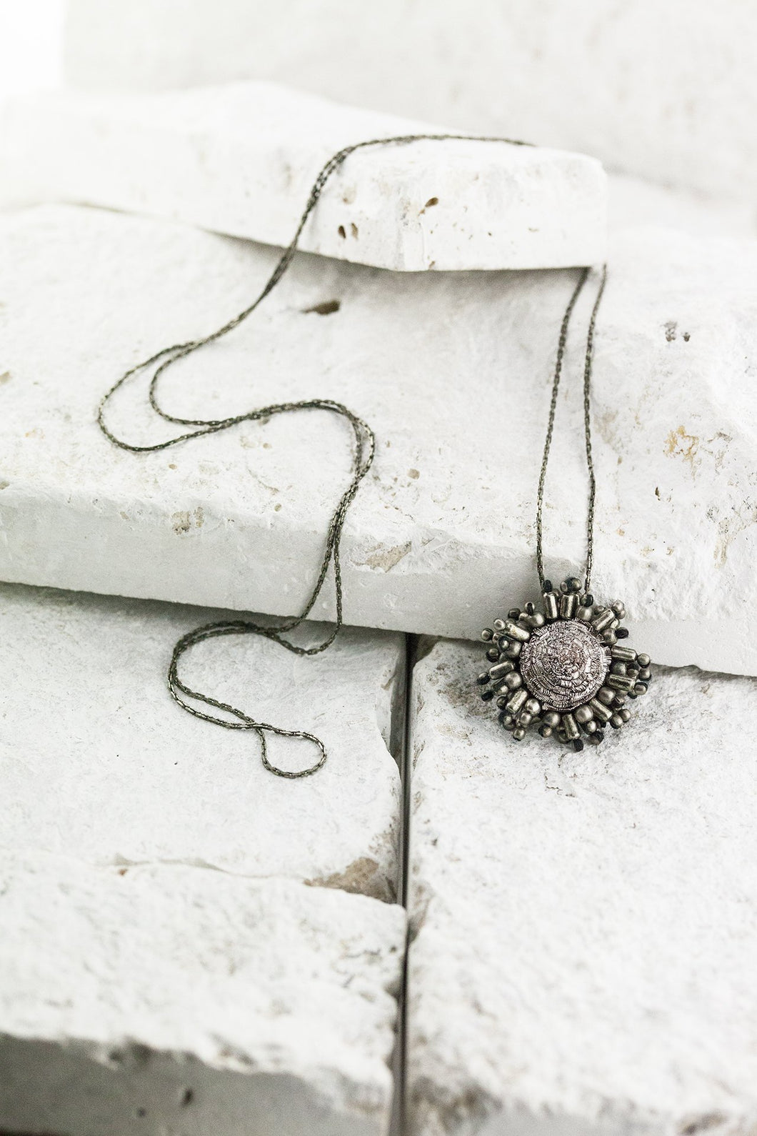 Antique silver necklace|handsewn silver pendant|handmade jewellery|unique long pendant|elegant silver necklace|ethical jewellery|Where The Wilde Things Are