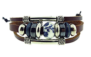 Unique Leather Bracelets - 3 leather strands - blue and white Delft style bead- easy to adjust closure- one size fits all Boho Bracelet Where The Wilde Things Are Melbourne