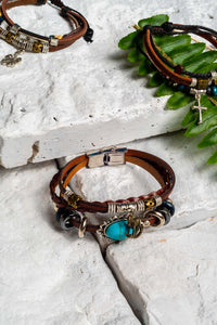 Unique Leather Bracelets - 3 leather strands - turquoise coloured feature- rockinghorse brass charm- clip closure- Boho Bracelet Where The Wilde Things Are Melbourne