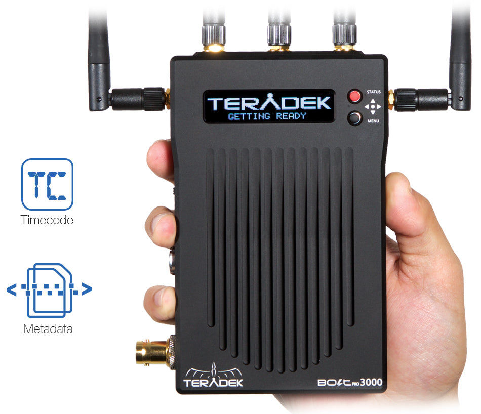 A Bolt Receiver in hand with icons for timecode and metadata