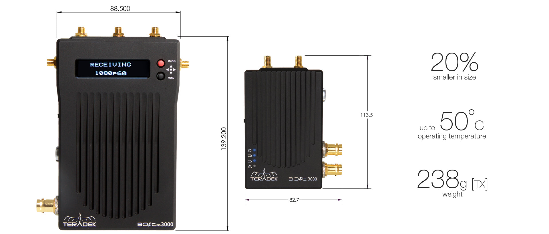 Bolt 100 and 3000 display of dimension and weight