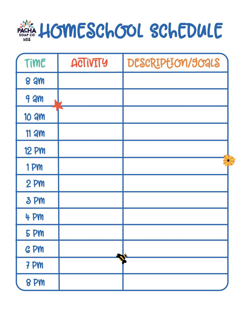 Image of Pacha Soap Co. Homeschool Schedule with Pacha Kids Logo and "Homeschool Schedule" written the top with a blue grid to fill in schedule underneath