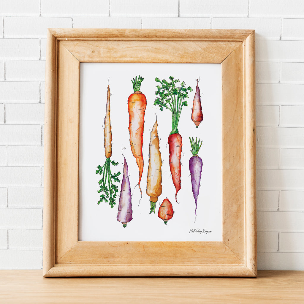 Watercolor illustration of carrots in wooden frame leaning against a white wall with subway tile