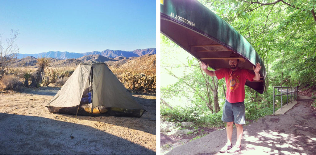 left is a tent camping in the desert mountains. right is a man holding a canoe over his head