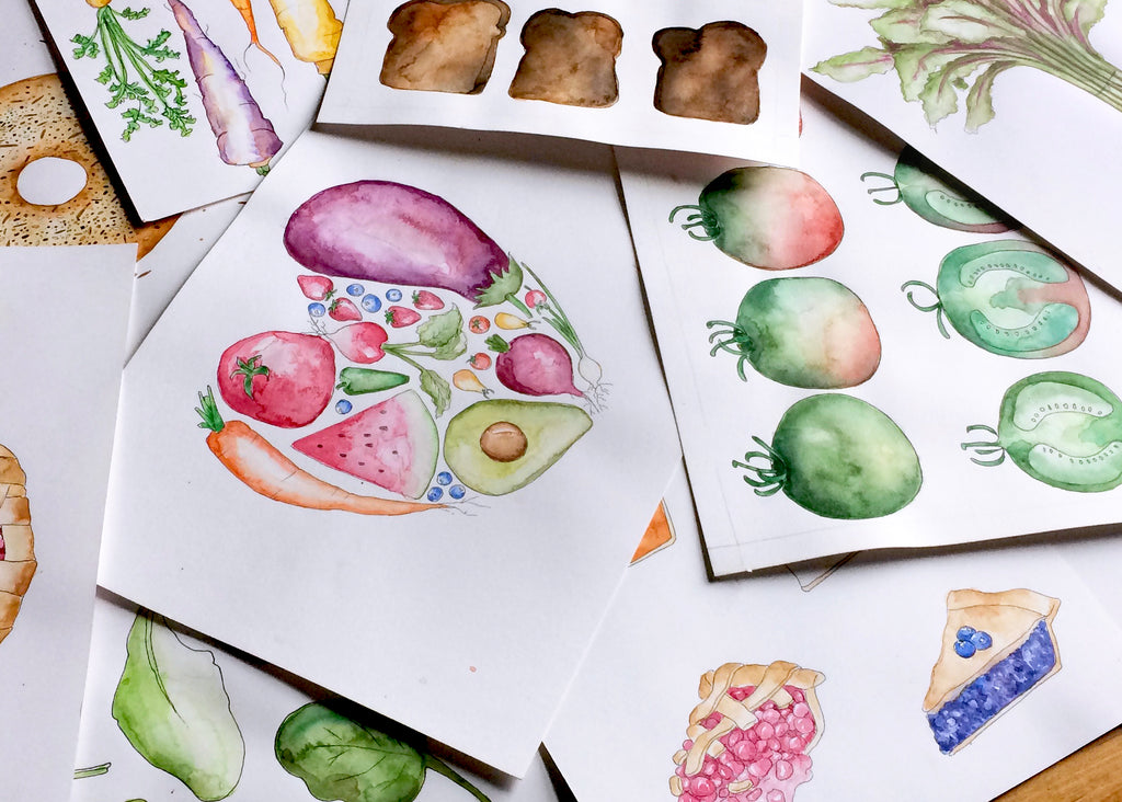 Watercolor illustrations messily piled on top of each other