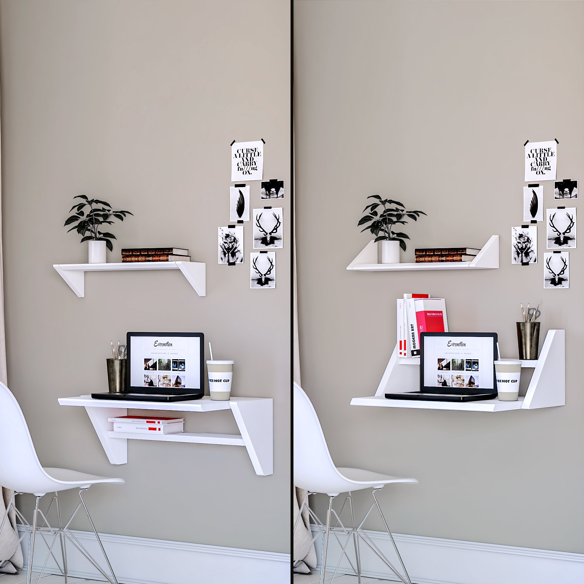 white floating shelf desk