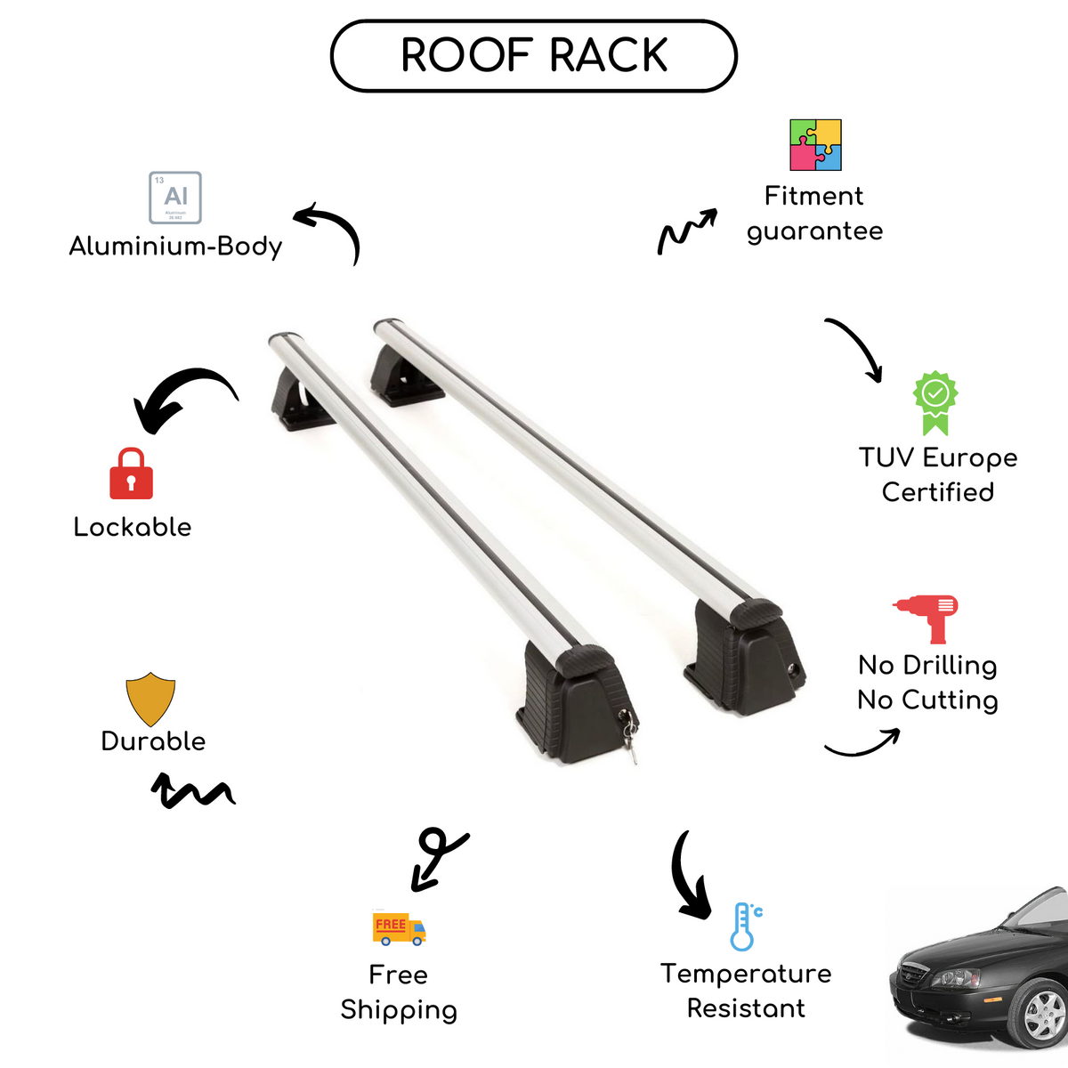 Bare Roof Rack Cross Bars Set for Hyundai Elantra 3