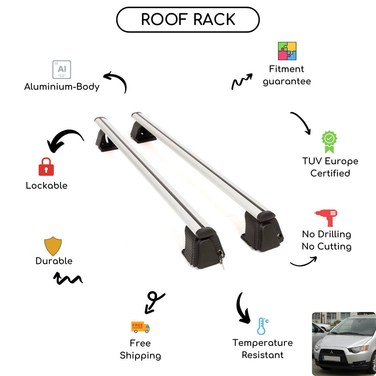Bare Roof Rack Cross Bars Set for Mitsubishi Colt VII (Z30