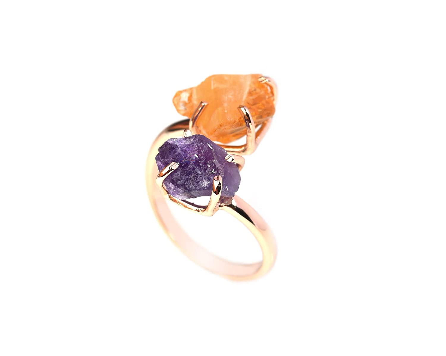Certified Amethyst and Citrine Raw Gemstones Ring for Women (Free Size)