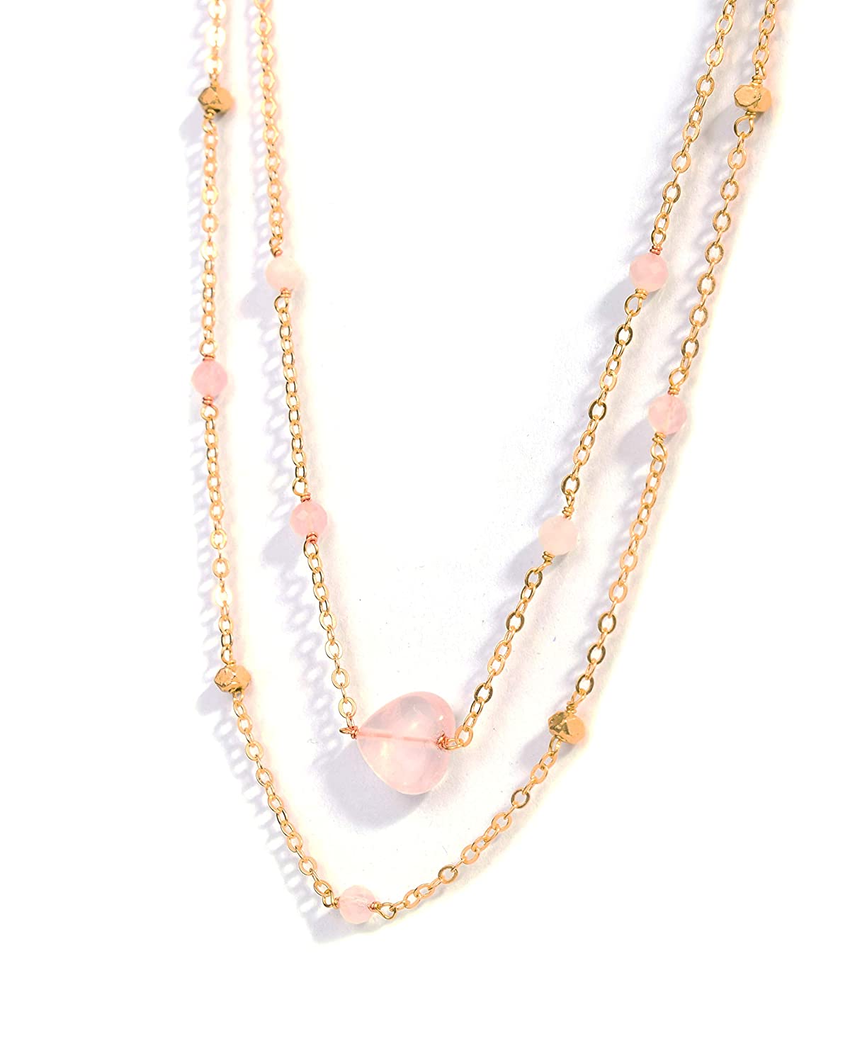 Natural Rose Quartz Gemstone Valentine's Heart Gold Plated Layer Chain Necklace
