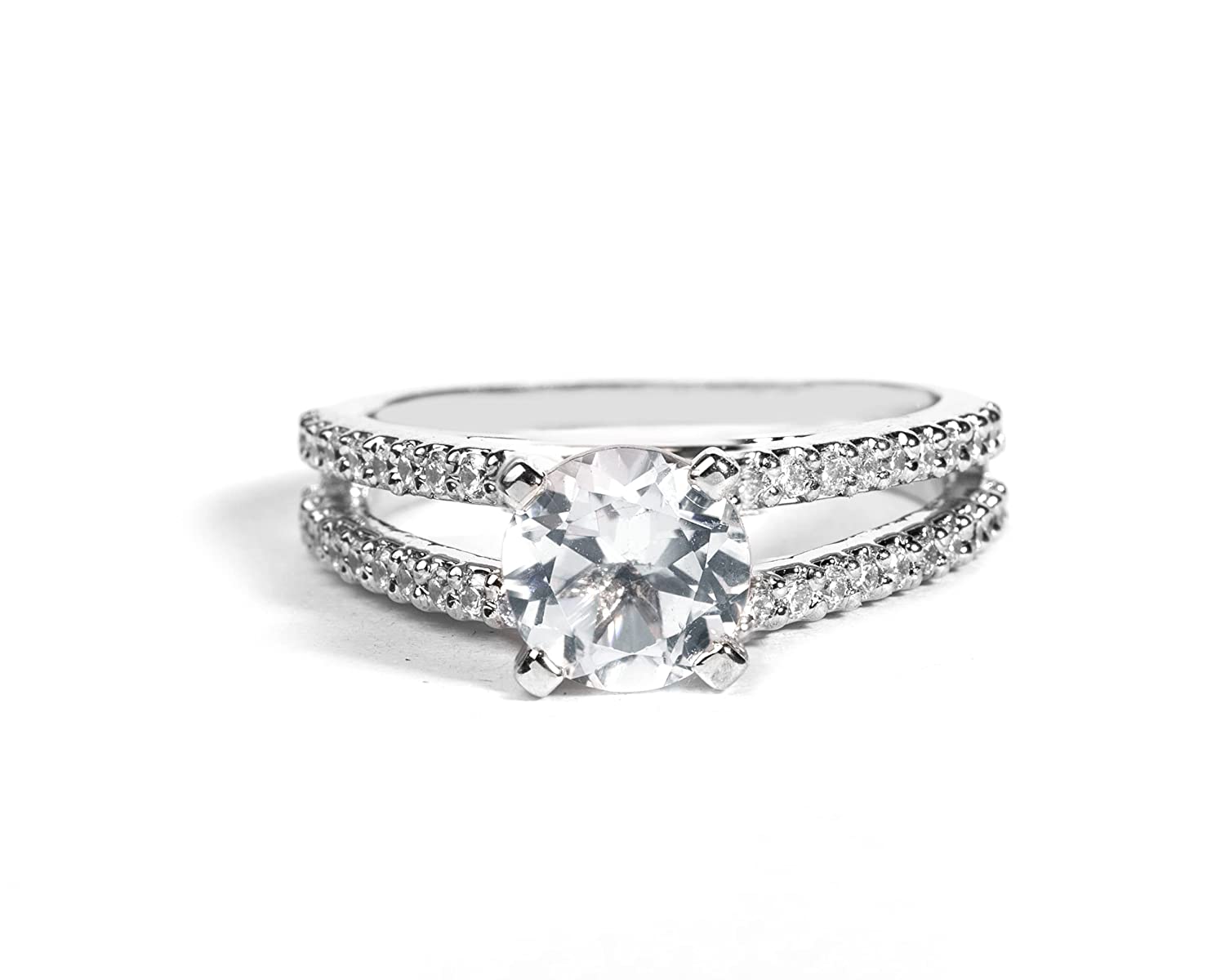 925 Sterling Silver White Topaz Split Shank Stackable Ring