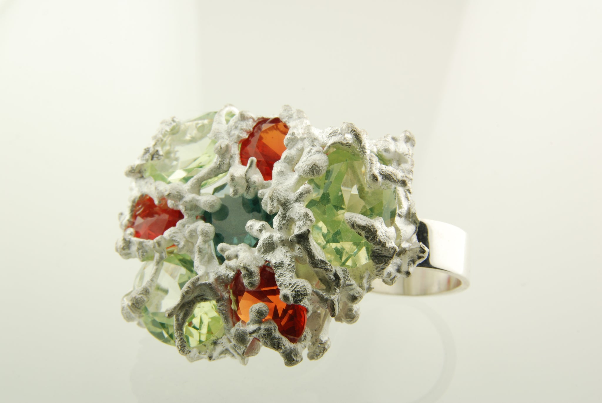 Handmade silver ring set with peridot & citrine stones