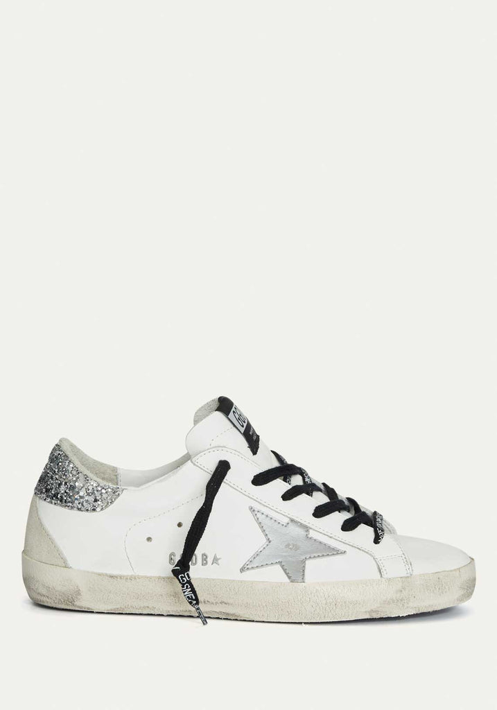 white & silver glitter tab superstar sneakers