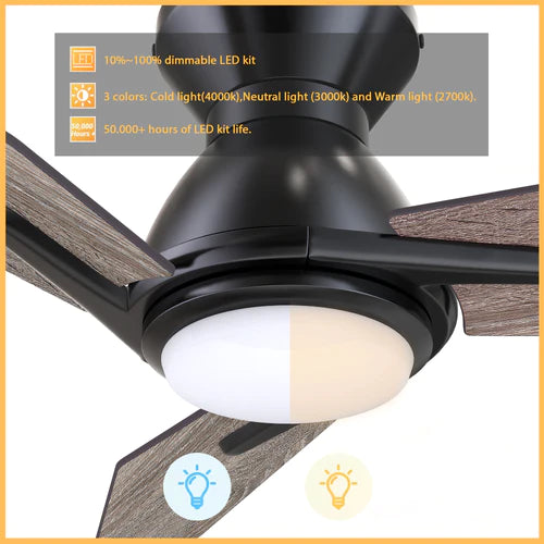 Carro - CALEN 52 inch 3-Blade Flush Mount Smart Ceiling Fan with LED Light Kit & Remote Control- Black/Barnwood
