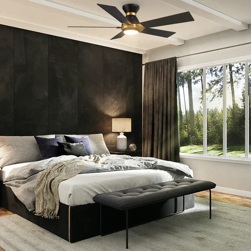 Carro - ASCENDER 52 inch 5-Blade Flush Mount Smart Ceiling Fan with LED Light & Remote Control - Black/Black (Gold Detail)