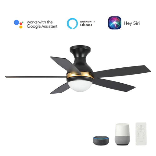 Carro - TWISTER 52 inch 5-Blade Flush Mount Smart Ceiling Fan with LED Light Kit & Remote- Black/Black (Gold Detail)