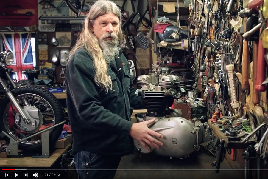 Todd in the first episode of Lowbrow's Triumph 650 Motorcycle Engine Disassembly and Rebuild video series.