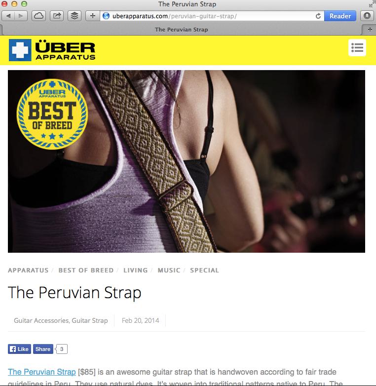 Screenshot of Uber Aparatus review of our Peruvian guitar strap