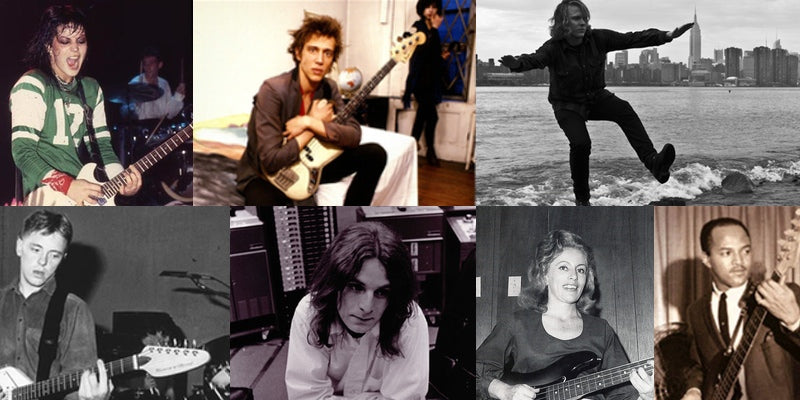 Photo montage of Joan Jett, Richard Hell, Ty Segall, Bernard Sumner, Alex Chilton, Carol Caye, and James Jamerson