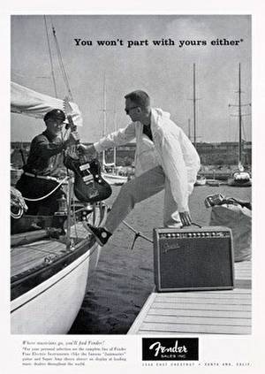 Vintage Fender Jazz Master ad with a guy getting onto a boat with his guitar and Fender amp