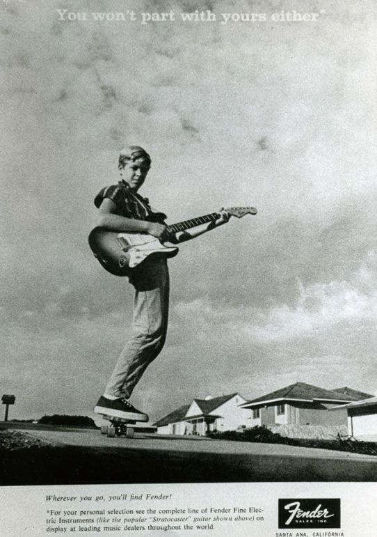 Vintage Fender guitars stratocaster ad with a kid on a skateboard