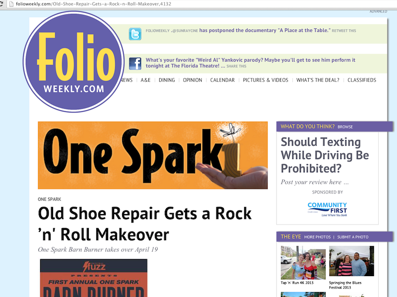 Folio Weekly article about the One Spark Barn Burner