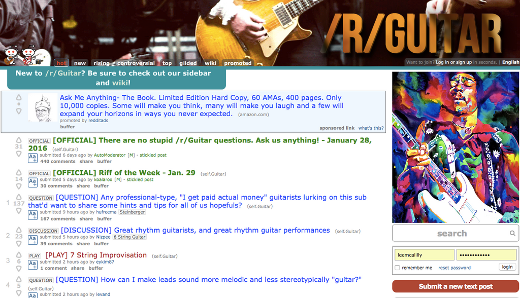 Screenshot of r/guitar the largest guitar subreddit on Reddit.com