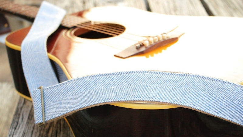 The Indian strap in blue herringbone with a 1969 Gibson J45 acoustic guitar