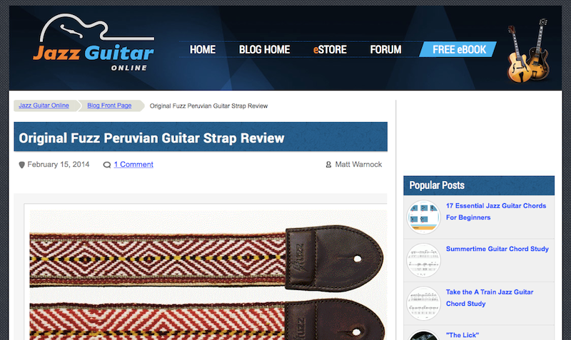 Screenshot of the review of our Peruvian strap at Jazz Guitar Online