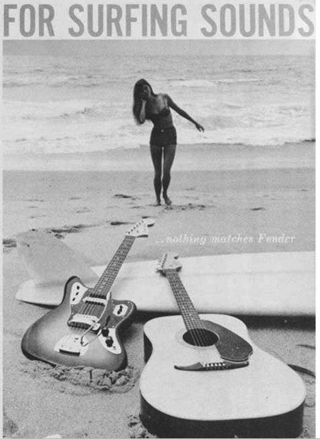 Vintage Fender print ad with girl on the beach and two guitars that are intended for surf guitar tones