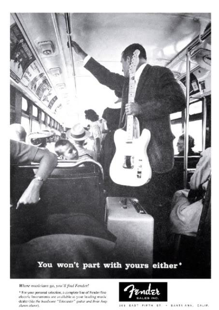 Vintage Fender telecaster ad with a guy on a bus with his Fender amp and guitar