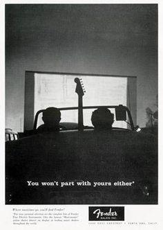 Vintage Fender guitar ad with guy driving out of his garage with his guitar in the passenger seat