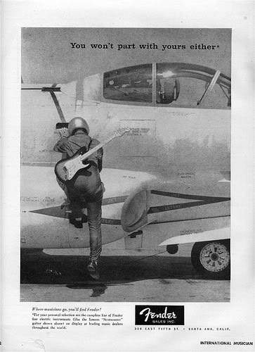 Vintage Fender print ad with a fighter pilot climbing into the cockpit with his Stratocaster