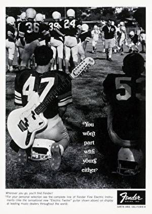 Vintage Fender guitar ad with a Football player in full uniform on the sidelines with his guitar strap to his back