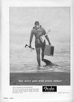 Vintage Fender print ad with a scuba diver walking into the ocean with his Stratocaster and Fender amp