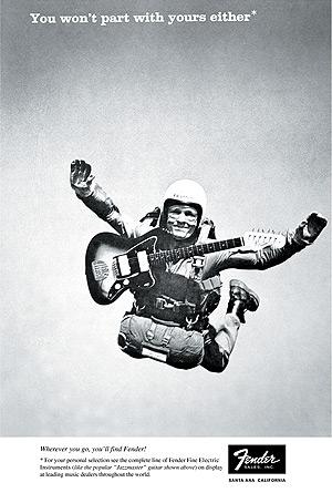 Vintage Fender print ad with a man sky diving with his Jazzmaster guitar