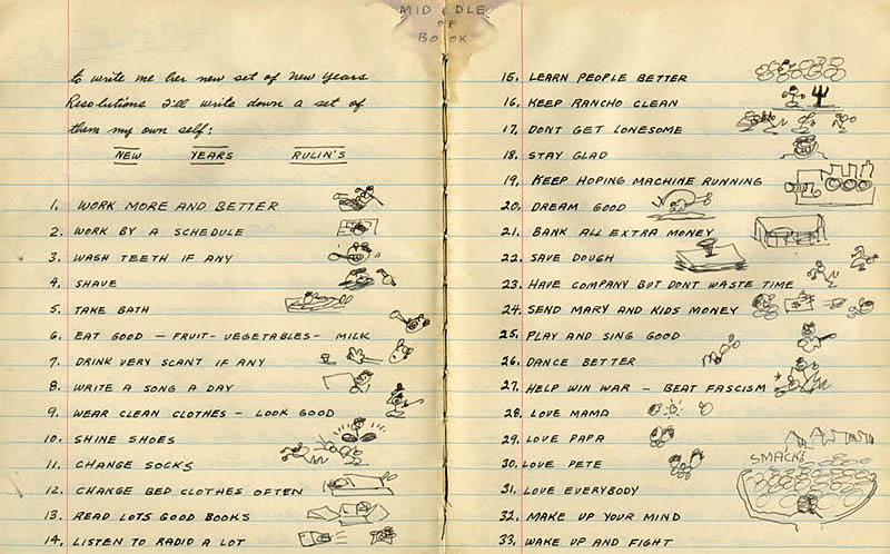 Photo of Woody Guthrie's journal entry from 1942 containing his New Year's Rulin's