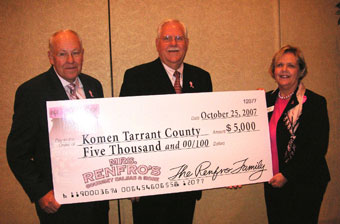 Renfro Foods presents Betty Nethery, president of the board of directors for the Tarrant County affiliate for Susan G. Komen for the Cure, with a check for $5,000.