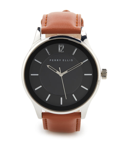 Brown and SIlver Metal Genuine Leather Watch (Brown) 