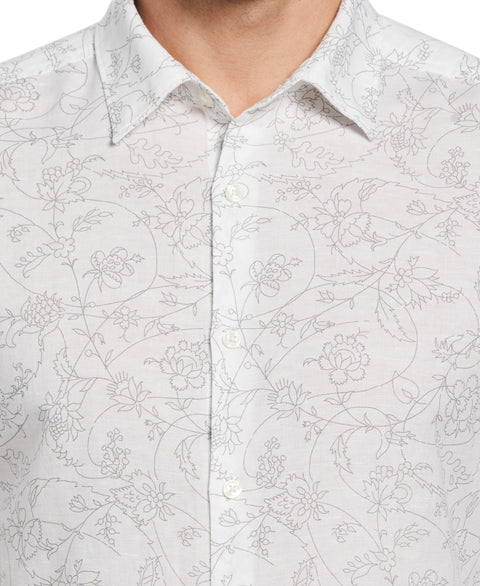 Untucked Linen Blend Roll Sleeve Vine Print Shirt