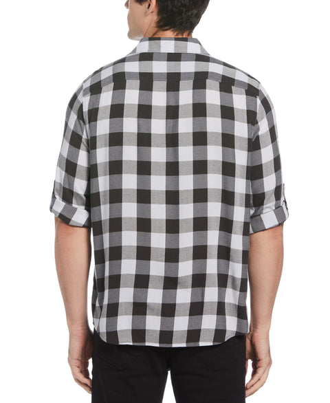 Untucked Roll Sleeve Dobby Plaid Shirt (Black) 
